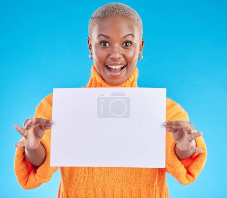 Photo for Black woman, blank poster and studio portrait with surprise face, mockup space and excited by blue background. African gen z girl, student and paper billboard for promotion, branding and wow for deal. - Royalty Free Image