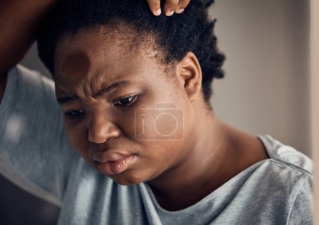 Photo for Sad, thinking and a black woman with depression in a house with anxiety or a mental health idea. Home, anxiety and an African girl or person with vision of life while frustrated from a mistake. - Royalty Free Image
