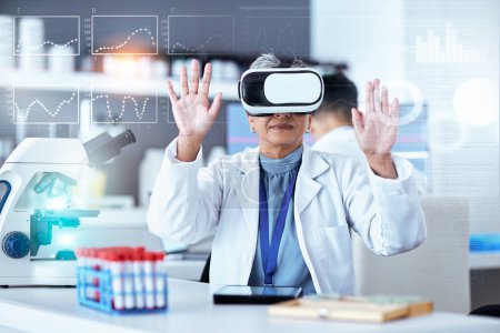 Photo for Senior scientist, woman with virtual reality and digital science data for medical research in lab with overlay. Dashboard, female doctor and experiment results and metaverse, investigation and graphs. - Royalty Free Image