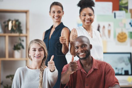 Photo for Thumbs up, business people or global success in teamwork, collaboration and employee support. Smile portrait of happy men, women and diversity hands with thank you, vote emoji and motivation for goal. - Royalty Free Image
