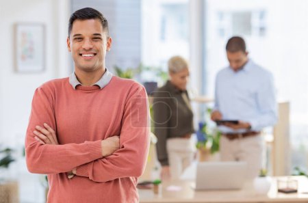 Photo for Portrait, mockup and businessman or employee happy with startup company in a modern office arms crossed with smile. Person, confident and excited young male intern or worker at the workplace. - Royalty Free Image