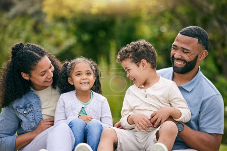 Photo for Garden, happy family and children with parents for picnic, celebration and bond together in nature. Excited father, mother and kids with funny conversation at park for holiday or vacation with love. - Royalty Free Image