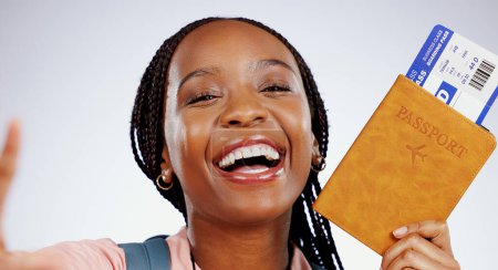 Photo for Woman, passport and portrait selfie for travel ticket, immigration and holiday on white background. Excited face of happy african person with ID documents, video call for vacation or flight in studio. - Royalty Free Image