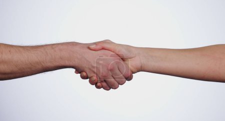 Photo for Handshake, partnership and agreement, people with support, trust and team isolated on white background. People shaking hands, introduction or collaboration with thank you and meeting in a studio. - Royalty Free Image