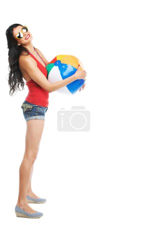 Photo for Woman, smile or sunglasses with beach ball in studio for vacation, holiday or adventure on white background. Person, face or happiness in summer for experience with cool outfit, fun and mock up space. - Royalty Free Image
