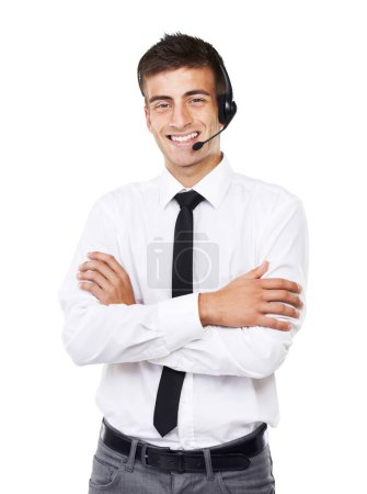 Photo for Call center, man and portrait with arms crossed for customer service, CRM questions or IT support in studio on white background. Happy telemarketing salesman, consultant or microphone for telecom FAQ. - Royalty Free Image