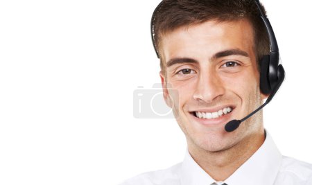 Photo for Call center, portrait and smile of man with space for customer service, CRM questions and mockup on white background. Face of happy telemarketing salesman, consultant and microphone in studio for IT. - Royalty Free Image
