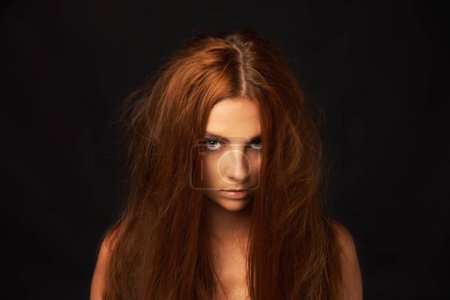 Photo for Depression, portrait or woman in studio with trauma stress, fail or bad results on mockup space alone. Black background, psychology or face of serious person with anger, messy hair or moody attitude. - Royalty Free Image