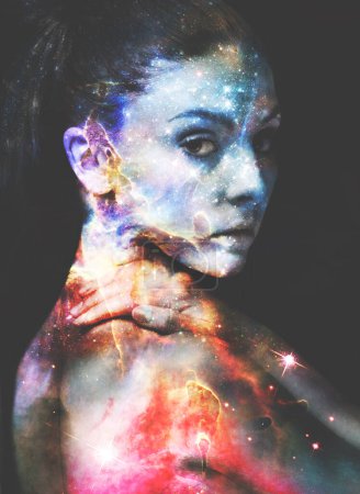 Photo for Woman, portrait and double exposure with galaxy, stars and fantasy for art, cosmos and shine by black background. Girl, outer space and color with universe, nebula or milky way with night sky on face. - Royalty Free Image
