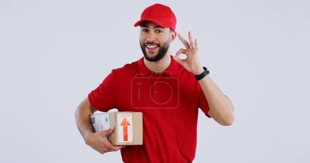 Photo for Portrait, man and box with okay sign on studio for delivery, logistics and mockup for package on white background. Male model, worker or courier with gesture in Mexico for good, choice or decision. - Royalty Free Image