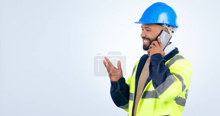 Photo for Engineering, man and phone call for communication, construction update or planning on studio mockup. Builder or worker talking on mobile or architecture advice on a white background and contact. - Royalty Free Image