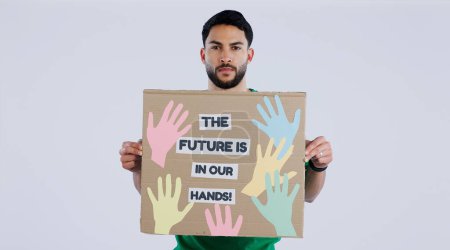 Photo for Man, future and environmental earth poster for social justice or human rights, studio or white background. Male person, portrait and climate change or planet help, pollution protest on cardboard sign. - Royalty Free Image