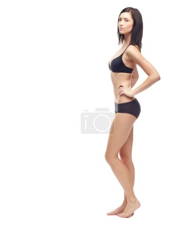 Photo for Woman, portrait and full body in underwear on mockup to lose weight or diet against a white studio background. Young attractive female person or slim model posing in lingerie for health and wellness. - Royalty Free Image