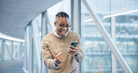 Photo for Black man, winner or smartphone for prize, office or excited with face, good news and success. Energy, winning and wow for achievement, competition and cheers for promotion, surprise and victory. - Royalty Free Image