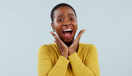 Photo for Happy black woman, portrait and face in surprise for winning, prize or celebration against a studio background. Excited African female person in wow, shock or bonus promotion on sale discount or deal. - Royalty Free Image