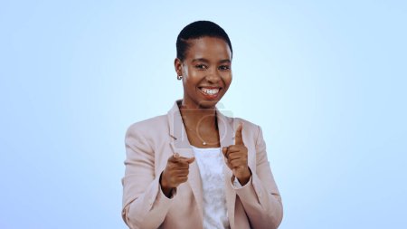 Photo for Business woman, portrait and pointing to you in studio for choice, onboarding decision and invitation on blue background. Happy african worker show fingers for HR offer, recruitment and hiring emoji. - Royalty Free Image