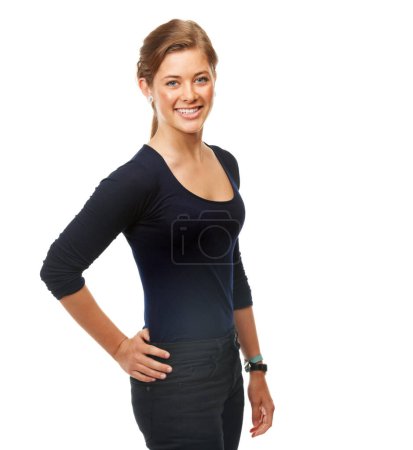 Photo for Woman, portrait and fashion confidence in studio for cool style or mockup space, positive on white background. Female person, model and face smile for clothes outfit pose or happy, friendly or trendy. - Royalty Free Image