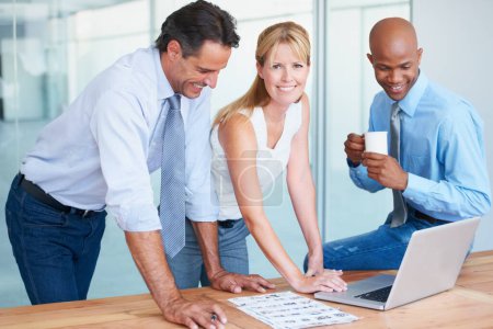 Photo for Business people, teamwork portrait and laptop for website design, planning layout and startup project in office. Professional group, woman or manager on computer with assets at an advertising agency. - Royalty Free Image