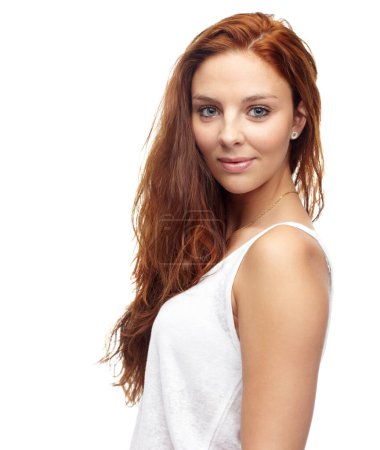 Photo for Woman, smile and confidence with portrait in studio for cool, casual or trendy mock up on white background. Ireland, female model and serious expression for modern, style or fashion with streetwear. - Royalty Free Image