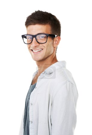 Photo for Portrait, happy man and glasses with smile in studio for eye care mock up on white background. Male model, student and excited for correction of glaucoma, pupil or vision with new, frame and lens. - Royalty Free Image