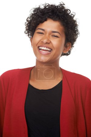 Photo for Woman, laughing and happy in portrait, studio and funny joke or comedy, fun and white background. Female person, silly and humor or goofy, comic and positive mindset or excited, freedom and mockup. - Royalty Free Image