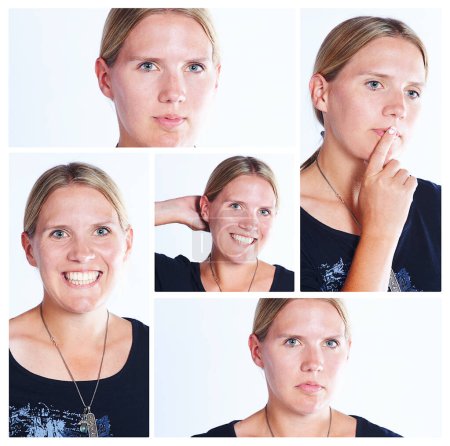 Téléchargez les photos : Faire des grimaces. Plan composite d'une femme faisant diverses expressions faciales - en image libre de droit