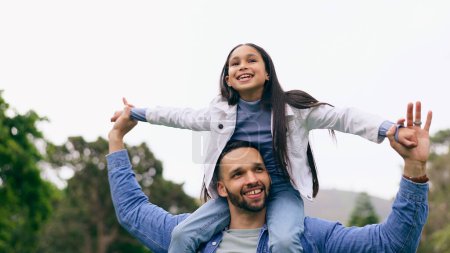 Photo for Father, daughter and shoulder for plane in park for smile, bonding or holding hands for love on vacation. Dad, girl child and piggy back for care, happy or family in summer, holiday or play airplane. - Royalty Free Image