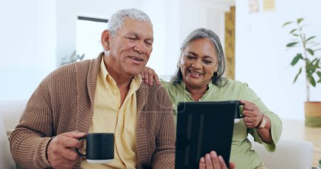 Photo for Home, tablet and old couple with video call, coffee and conversation with connection, online chatting or network. Apartment, elderly woman or senior man with technology, tea or break with digital app. - Royalty Free Image