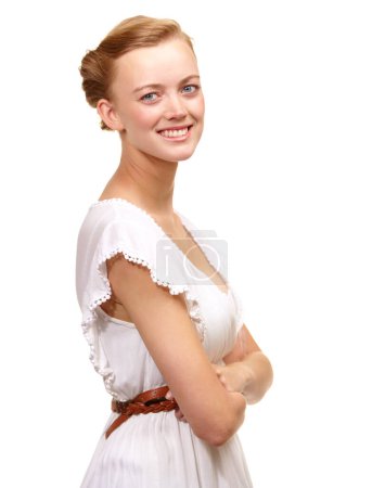 Photo for Summer, dress and portrait with arms crossed and fashion model, style or confidence in white background or studio. Happy, face and woman with a smile for dressing trendy, outfit or simple gown. - Royalty Free Image