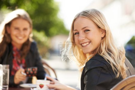 Photo for Portrait, happy woman and friends at coffee shop, restaurant and outdoor table together. Face, smile of person and girls at cafe with tea cup, espresso and customer drink latte to relax in cafeteria. - Royalty Free Image