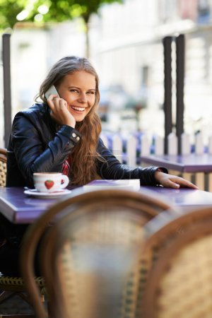 Photo for Portrait, happy woman and phone call for communication, outside or cafe in Paris, travel or trip. Young, person or student with mobile for holding, conversation and talk with laugh for funny joke. - Royalty Free Image