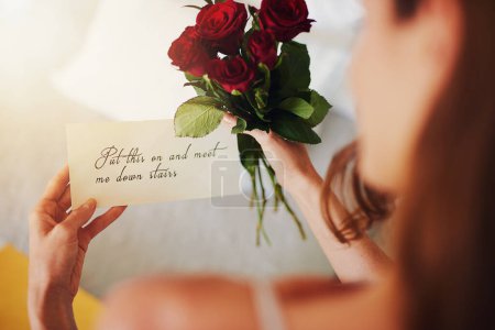Photo for Woman, roses and note with gift in bedroom on birthday, celebration and valentines day event in home. Girl, reading letter and back with bouquet, flowers and invitation with announcement in house. - Royalty Free Image