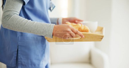 Photo for Woman, hands and nurse with breakfast tray in elderly care, support or volunteer at home. Closeup of female person, medical doctor or caregiver holding snack, meal or service for healthy nutrition. - Royalty Free Image