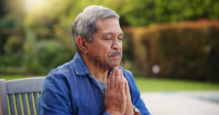 Photo for Senior, man or hands praying outdoor for religion, worship and support for jesus christ in garden of home. Elderly, person and prayer for thank you, gratitude and trust in God for praise or salvation. - Royalty Free Image
