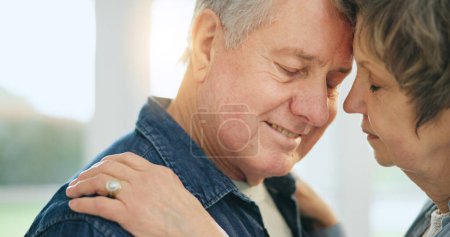 Photo for Love, mature couple and forehead touch, affection and slow dancing wife, husband or marriage partner support. Romantic wellness, retirement and face of relax man, woman and people hugging together. - Royalty Free Image