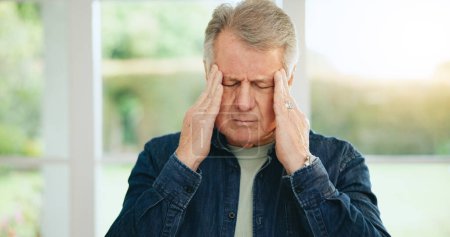 Photo for Frustrated senior man, headache and stress in burnout, anxiety or depression at home. Closeup of tired mature male person with migraine, pain or sore head in mental health, mistake or fail at house. - Royalty Free Image