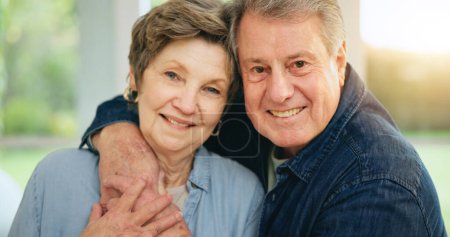 Photo for Senior couple, happy or portrait in home with loyalty, commitment or retirement together as family. Mature man, woman or marriage pride for gratitude on face, embrace or trust or wellness in house. - Royalty Free Image
