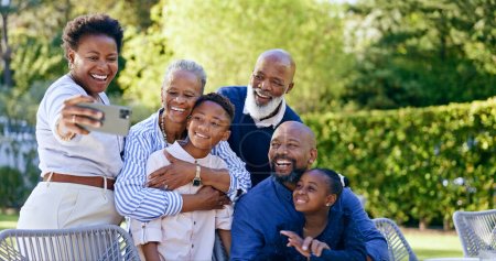 Happy family, selfie or generations with love in nature, summer vacation or together for smartphone memory. Black people, grandparents or kids in smile, face or garden wellness to relax bond in park.