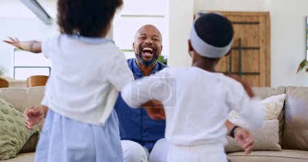 Photo for Running, children and father on a sofa with hug, happy and playing in their home together. Kids, energy and excited black family in living room embrace, security and support, games or bonding love. - Royalty Free Image