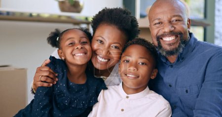 Photo for Black family, portrait and smile in home for love, bonding or relationship in living room together. People, parents and children in new apartment for relax, peace and support in lounge of house. - Royalty Free Image