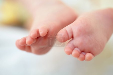 Photo for Closeup, baby and feet for hope in home for future, childhood or development. Infant, toes or growth for milestone with family, care and protection for safety in nursery for wellness, peace or health. - Royalty Free Image