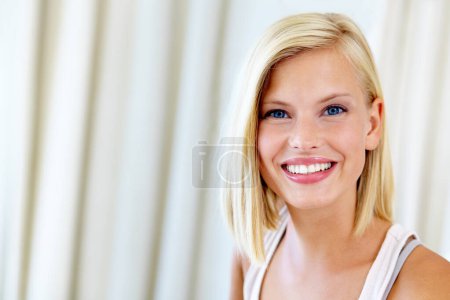 Photo for Relax, happy and portrait of woman in home for positive mindset, confidence and smile. Attractive, apartment and face of person in living room with happiness for free time, weekend and holiday. - Royalty Free Image