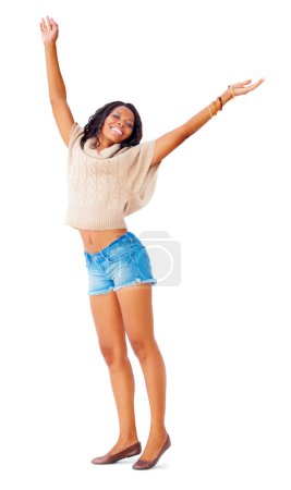 Foto de Mujer, brazos y feliz celebrar en el estudio para la buena noticia positividad, alegría o emoción. Persona negra, modelo y fondo blanco o espacio de maqueta como gesto de mano para wow anuncio, sorpresa o sonrisa. - Imagen libre de derechos