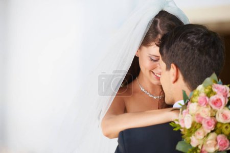 Photo for Romance, happy couple and embrace at wedding with love, smile and commitment at reception. Mockup, woman and man hugging at marriage celebration with flower bouquet, partnership and future together. - Royalty Free Image