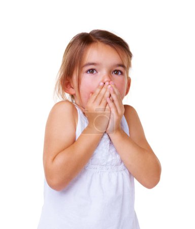 Photo for Face, wow and surprise with a girl child in studio isolated on a white background for omg expression. Children, hands and emoji with an adorable little kid looking shocked by a news alert or gossip. - Royalty Free Image