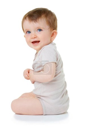 Photo for Joy, youth and happy with baby on floor of studio for cute, child development and learning. Explore, smile and young with infant crawling in white background for toddler, innocence and health. - Royalty Free Image