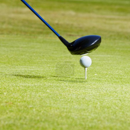 Photo for Sports, golf and ball on course with club for playing game, practice and training for competition. Professional golfer, grass and closeup of golfing driver for winning stroke or score for tournament. - Royalty Free Image