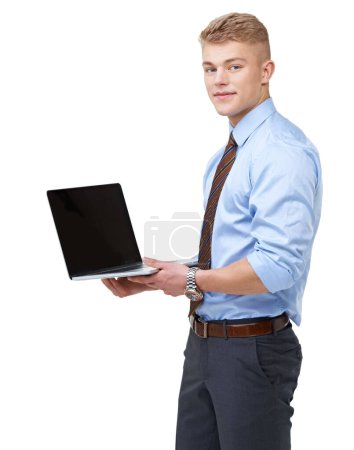 Photo for Portrait, business man and laptop screen in studio for advertising online update, information and promotion on white background. Computer, mockup and space for website, presentation and corporate ads. - Royalty Free Image