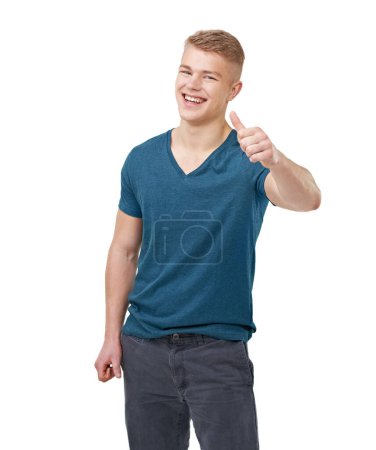 Photo for Hands, portrait and happy man with thumbs up in studio for feedback, vote or agreement on white background. Face, smile and male model with emoji for review, support or thank you, success or gesture. - Royalty Free Image