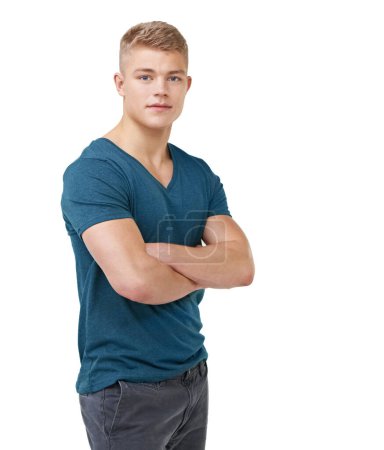 Photo for Man, fashion and arms crossed with cool clothes, happy and isolated on white studio background. Portrait, confident and adolescent in denim jeans, youth and serious with face, boy and casual. - Royalty Free Image